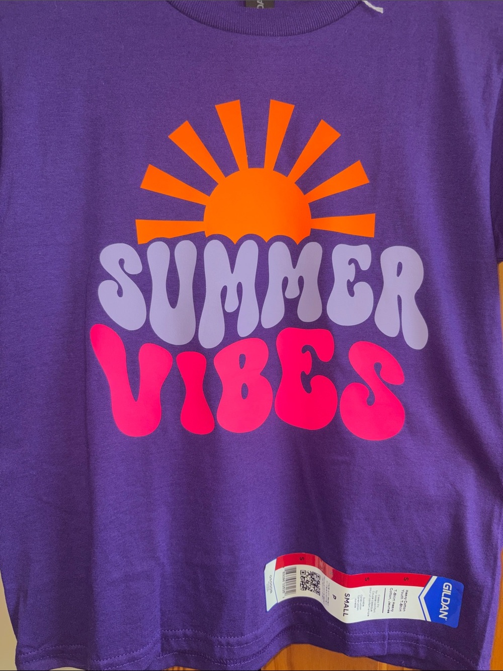 Gildan Purple Tee with Orange Sun and Pink/lavender Summer Vibes Graphic